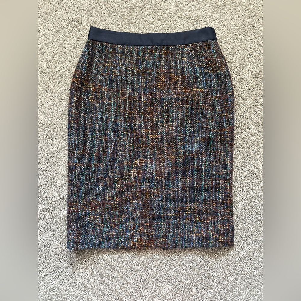 Boden Multi-Color Tweed Pencil Skirt with Navy Waistband